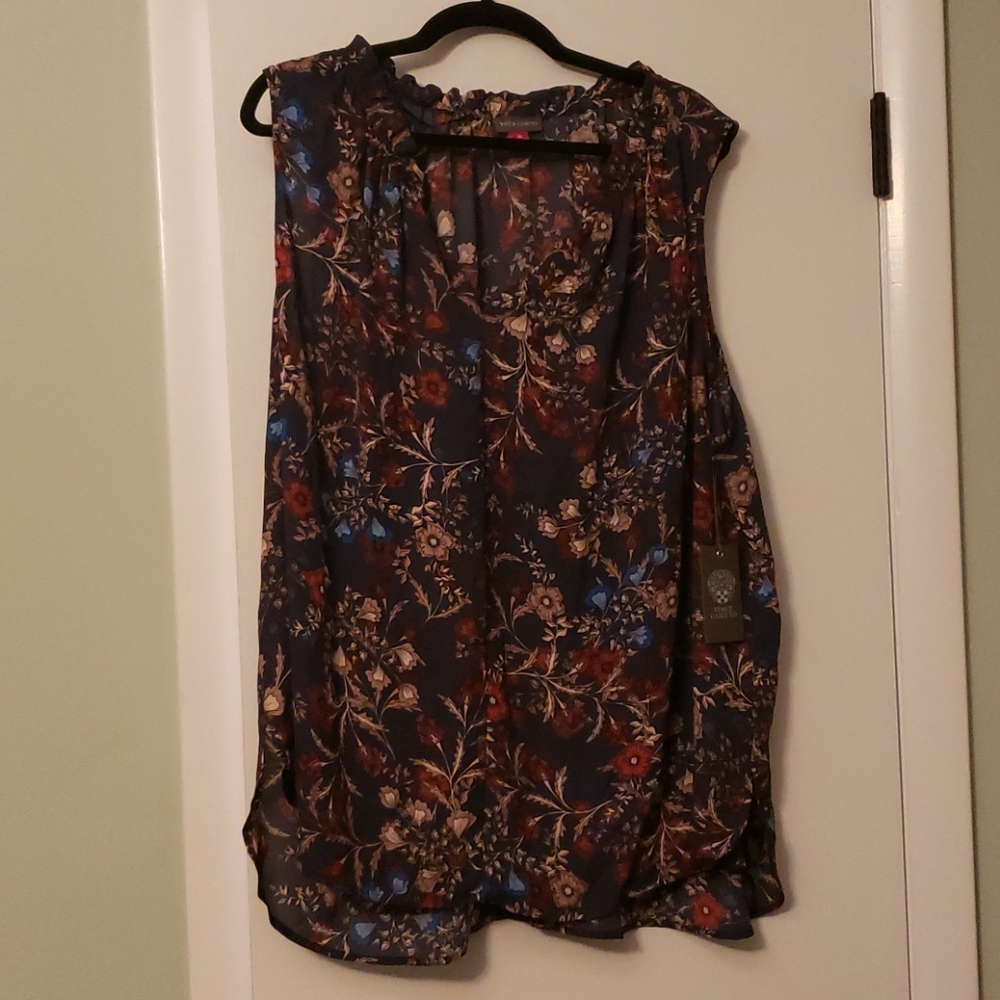 Vince Camuto navy floral gathered neck blouse
